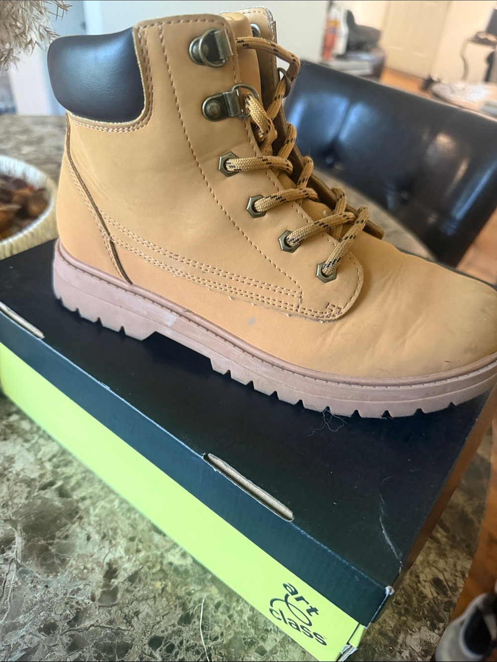 art class Tan Lace-Up Kids Boot with Black Padded Collar